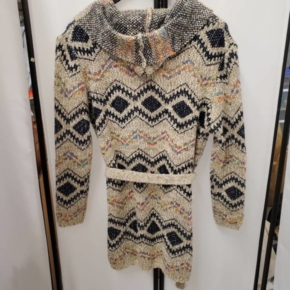 Cozy Boho Belted Hoodie Geometric Open Front Cardigan - Free People Vibes - Picture 7 of 11